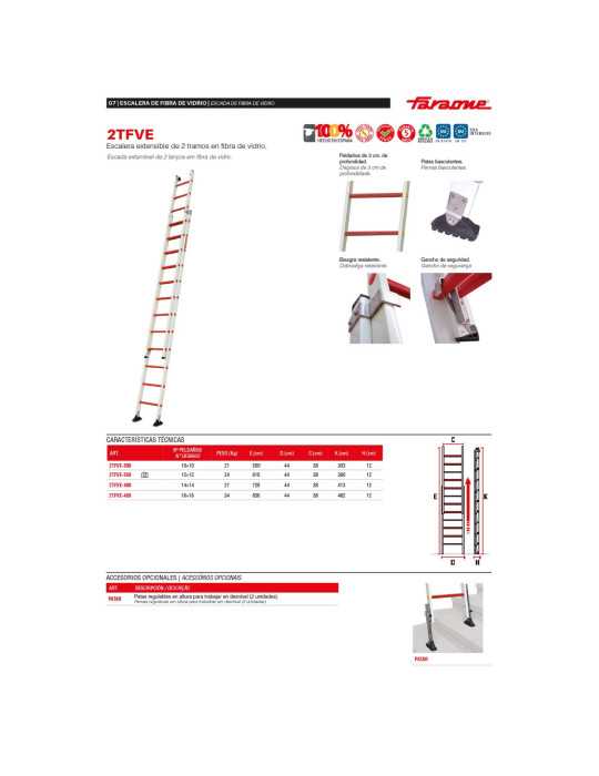 Escalera extensible de 2 tramos de fibra de vidrio Peldaños 16-16 2TFVE-450 FARAONE