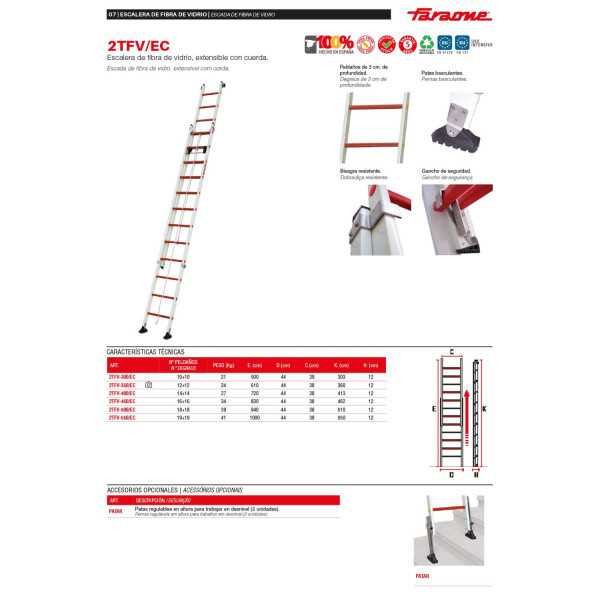 Escalera de fibra de vidrio extensible con cuerda Peldaños 12-12 2TFV-350-EC FARAONE