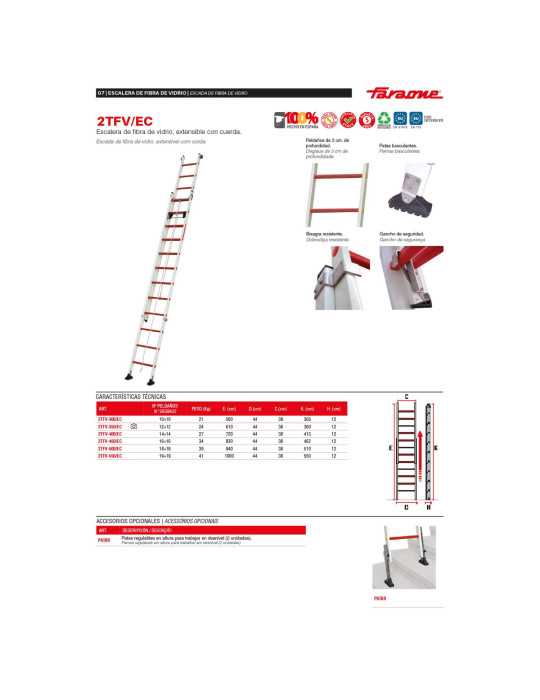 Escalera de fibra de vidrio extensible con cuerda Peldaños 14-14 2TFV-400-EC FARAONE