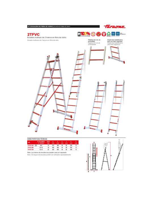 Escalera multiuso de 2 tramos de fibra de vidrio Peldaños 8-8 2TFVC-250 FARAONE