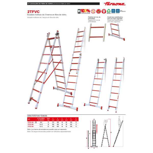 Escalera multiuso de 2 tramos de fibra de vidrio Peldaños 10-10 2TFVC-300 FARAONE