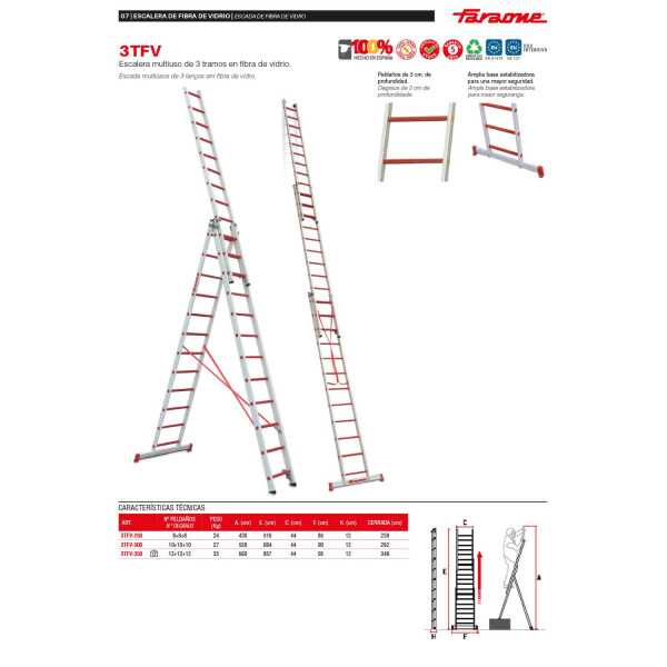 Escalera multiusos de 3 tramos de fibra de vidrio Peldaños 8-8-8 3TFV-250 FARAONE