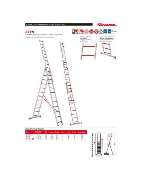 Escalera multiusos de 3 tramos de fibra de vidrio Peldaños 10-10-10 3TFV-300 FARAONE