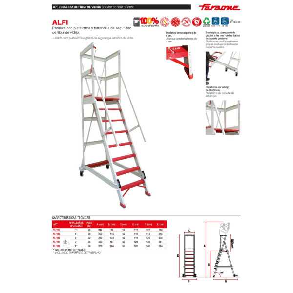 Escalera con plataforma y barandilla de seguridad de fibra de vidrio Altura de plataforma 138 cm ALFI06 FARAONE