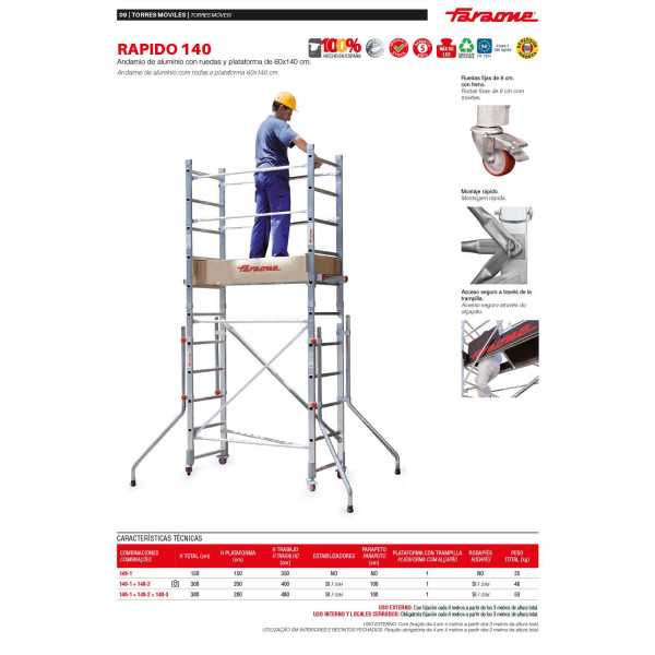 Andamio de aluminio con ruedas y plataforma de 140x60 cm. Altura de trabajo H150CM RAPIDO140-H150CM FARAONE