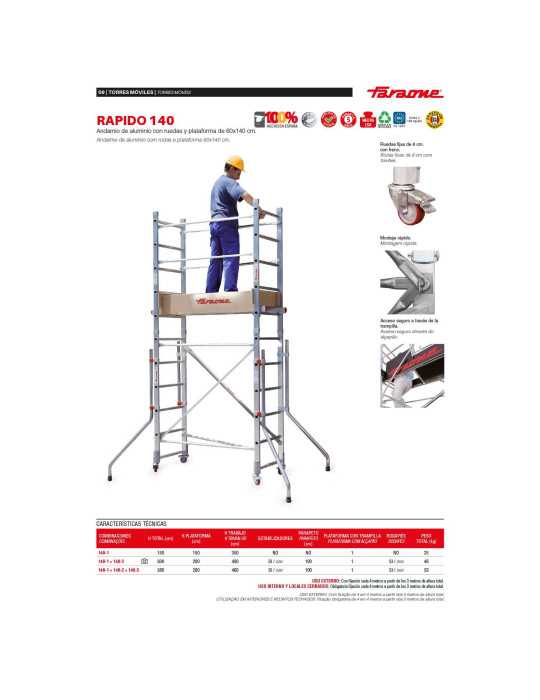 Andamio de aluminio con ruedas y plataforma de 140x60 cm. Altura de trabajo H380CM RAPIDO140-H380CM FARAONE