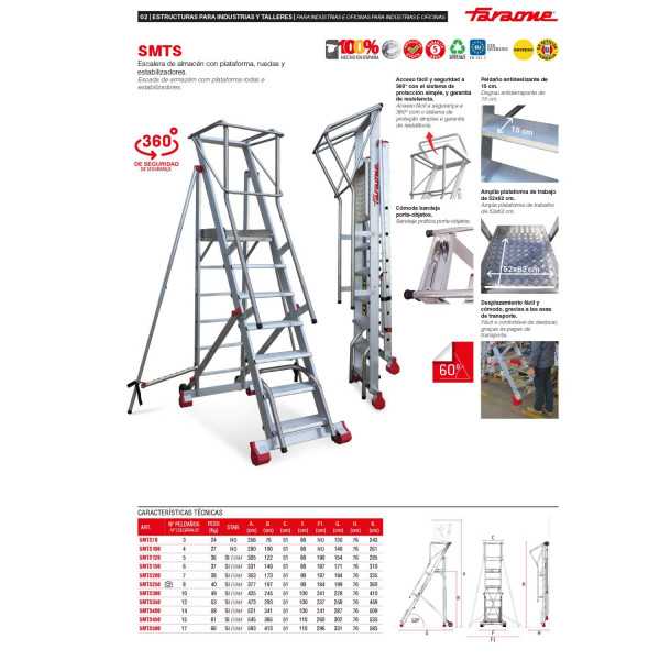 Escalera de almacén con plataforma y ruedas. 4 peldaños SMTS100 FARAONE