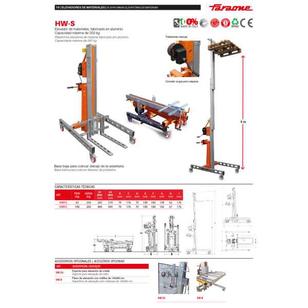 Nuevo Elevador de materiales en aluminio, manual, máximo 200 kg. Peso 100 kg. Altura máxima elevación 400 cm HW03 FARAONE