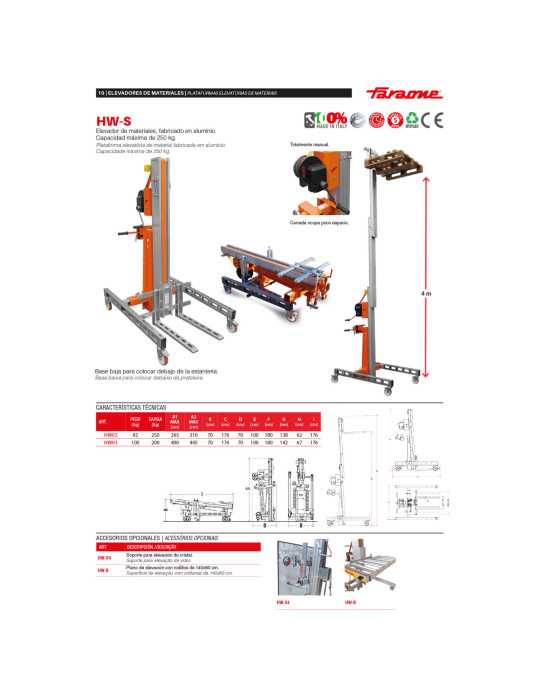 Nuevo Elevador de materiales en aluminio, manual, máximo 200 kg. Peso 100 kg. Altura máxima elevación 400 cm HW03 FARAONE