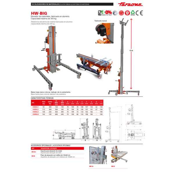 Nuevo Elevador de materiales en aluminio, manual, máximo 250 kg. Peso 95 kg. Altura máxima elevación 150 cm HWBIG1 FARAONE