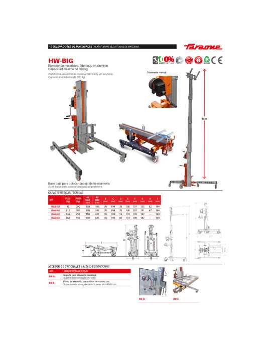 Nuevo Elevador de materiales en aluminio, manual, máximo 250 kg. Peso 112 kg. Altura máxima elevación 300 cm HWBIG2 FARAONE