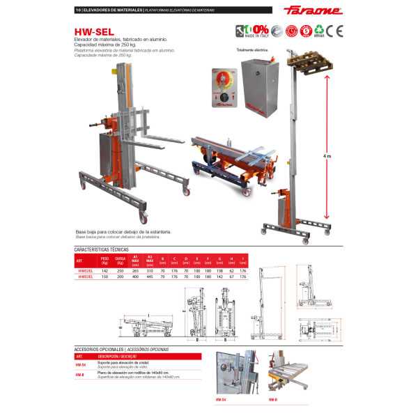 Nuevo Elevador de materiales en aluminio, eléctrico, máximo 250 kg. Peso 95 kg. Altura máxima elevación 265 cm HW02EL FARAONE