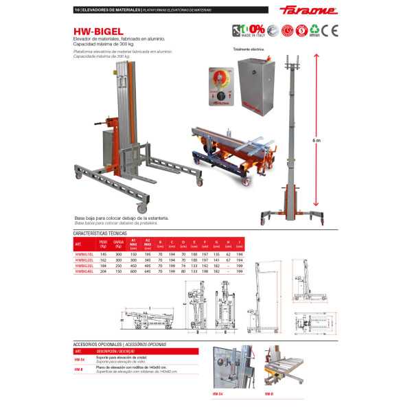 Nuevo Elevador de materiales en aluminio, eléctrico, máximo 250 kg. Peso 95 kg. Altura máxima elevación 150 cm HWBIG1EL FARAONE