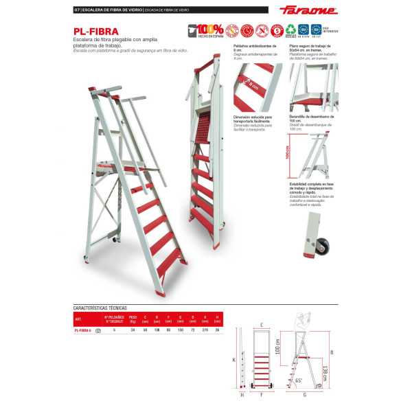 Escalera plegable en fibra de vidrio con amplia plataforma y 5 peldaños PL-FIBRA-5 FARAONE