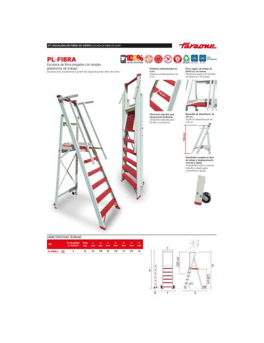 Escalera plegable en fibra de vidrio con amplia plataforma y 5 peldaños PL-FIBRA-5 FARAONE