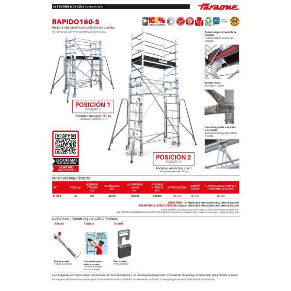 Andamio extensible con cuerda. 80x160 cm y altura máx. 400 m R-160-S FARAONE
