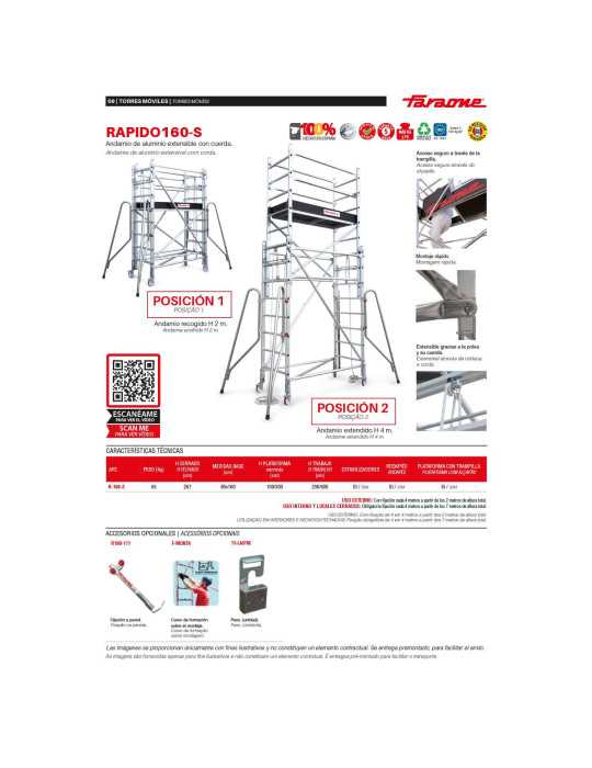 Andamio extensible con cuerda. 80x160 cm y altura máx. 400 m R-160-S FARAONE