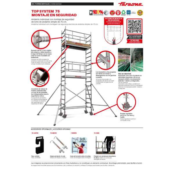 Top System 75 montaje en seguridad MSB - Rueda 200 - Carga máx. 360 kg - Base 75x245 cm - Altura total 7,50 m MS-B74 FARAONE