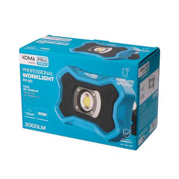 Foco LED Profesional de Trabajo FP-20 Recargable con Altavoz BT, 20 W, 2000 lm, 8000 mAh, 212 x 65 x 138 mm KOMA TOOLS
