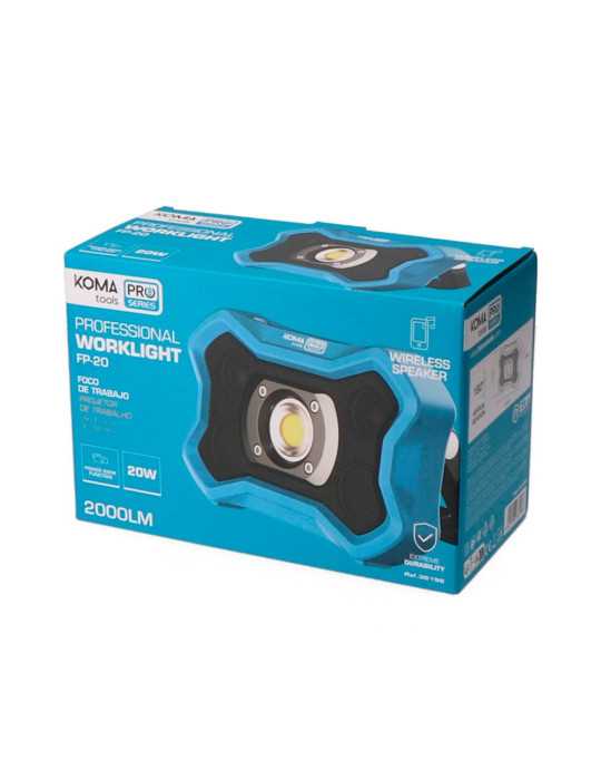 Foco LED Profesional de Trabajo FP-20 Recargable con Altavoz BT, 20 W, 2000 lm, 8000 mAh, 212 x 65 x 138 mm KOMA TOOLS
