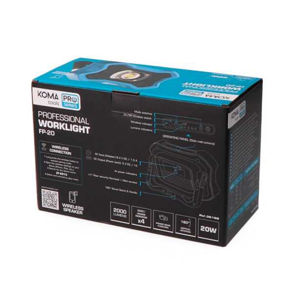 Foco LED Profesional de Trabajo FP-20 Recargable con Altavoz BT, 20 W, 2000 lm, 8000 mAh, 212 x 65 x 138 mm KOMA TOOLS
