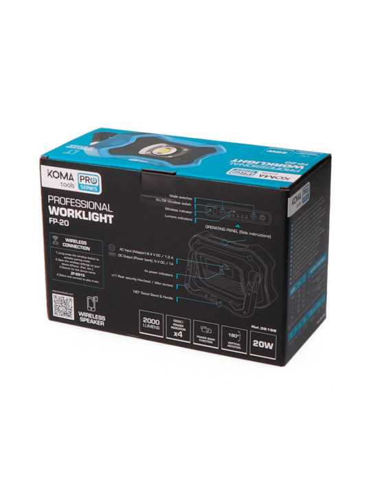 Foco LED Profesional de Trabajo FP-20 Recargable con Altavoz BT, 20 W, 2000 lm, 8000 mAh, 212 x 65 x 138 mm KOMA TOOLS