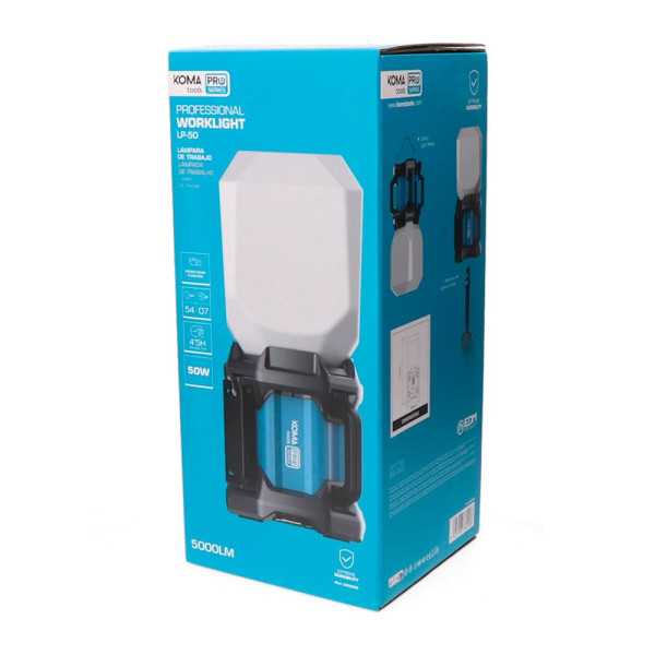 Lámpara LED COB Profesional de Trabajo LP-50 Recargable, 50 W, 5000 lm, 4500 mAh, 205 x 205 x 470 mm KOMA TOOLS