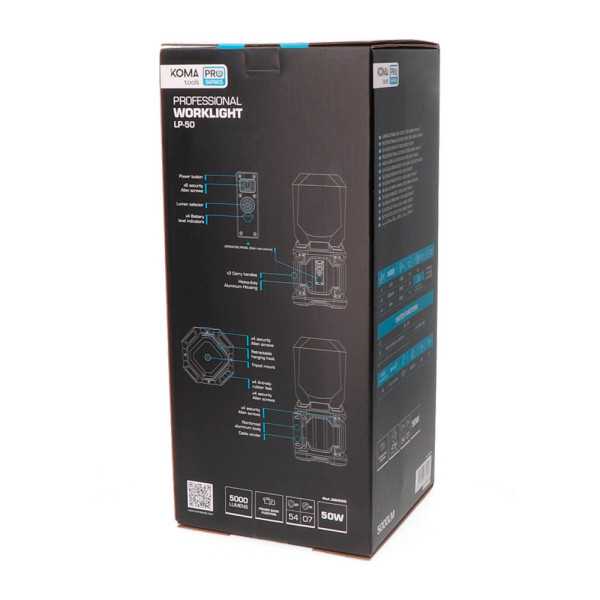 Lámpara LED COB Profesional de Trabajo LP-50 Recargable, 50 W, 5000 lm, 4500 mAh, 205 x 205 x 470 mm KOMA TOOLS