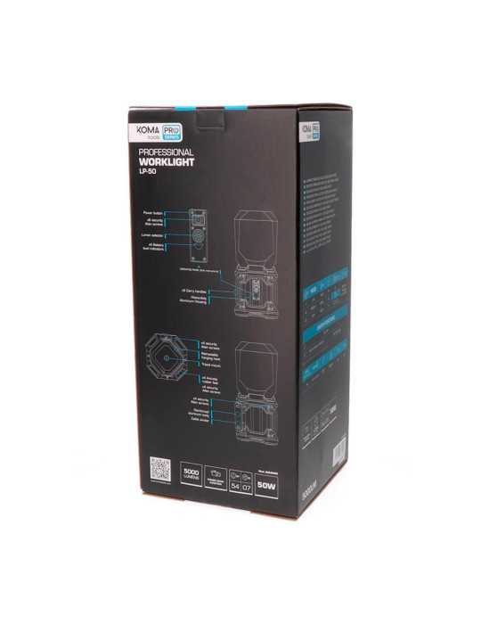 Lámpara LED COB Profesional de Trabajo LP-50 Recargable, 50 W, 5000 lm, 4500 mAh, 205 x 205 x 470 mm KOMA TOOLS