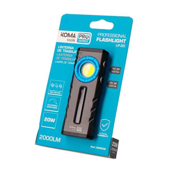 Linterna LED Profesional de Trabajo LP-20 Recargable, 20 W, 2000 lm, 2000 mAh, 45 x 22 x 116 mm KOMA TOOLS