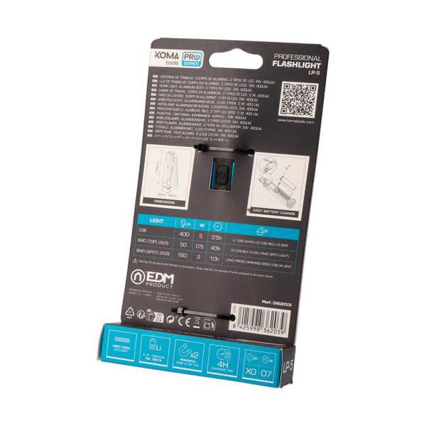Linterna LED Profesional de Trabajo LP-5 Recargable, 5 W, 400 lm, 2600 mAh, 40 x 30 x 158 mm KOMA TOOLS