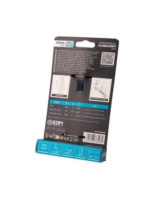 Linterna LED Profesional de Trabajo LP-5 Recargable, 5 W, 400 lm, 2600 mAh, 40 x 30 x 158 mm KOMA TOOLS