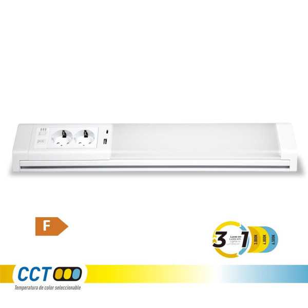 Regleta LED 5-10 W 3CCT 450-850 lm con Enchufes y USB A-C, 518 x 80 x 85 mm EDM