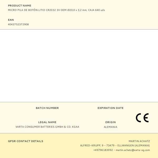 Micro Pila de Botón Litio CR2032 3V Oem Ø20,0 x 3,2 mm, Caja 640 uds VARTA