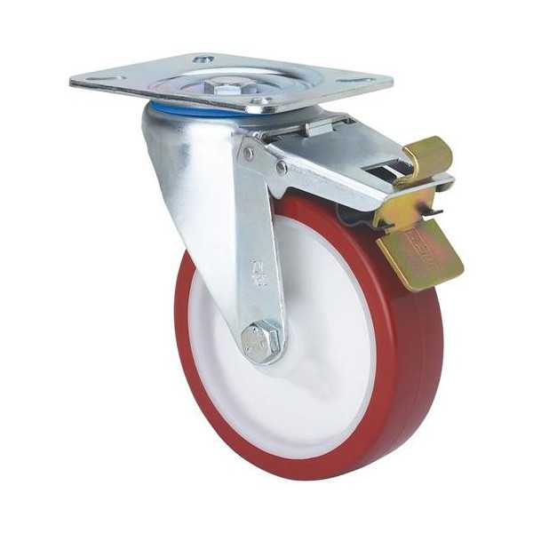 Rueda Poliuretano Roja Giratoria con Freno 80 mm 2-2366 [LOTE DE 2 Unidades] ALEX
