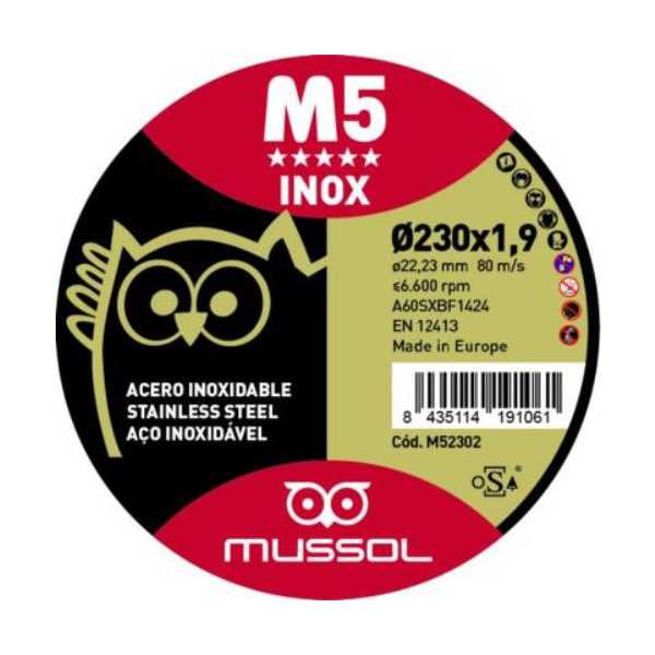 Disco M5 Corte Extrafino Inoxidable 230X1.9 Eje 22.23 [LOTE DE 8 Unidades] MUSSOL