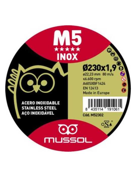 Disco M5 Corte Extrafino Inoxidable 230X1.9 Eje 22.23 [LOTE DE 8 Unidades] MUSSOL