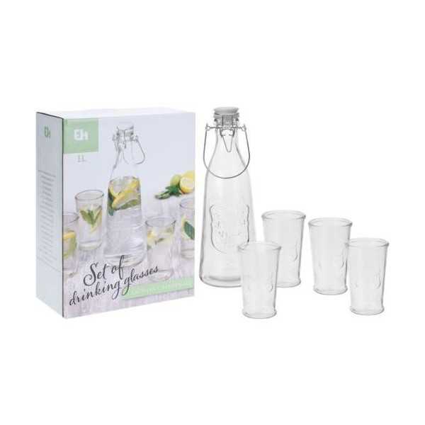Set Botella 1L + 4 Vasos 250ML Cristal CC1100130 [LOTE DE 6 Unidades] KOOPMAN