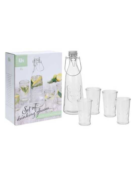Set Botella 1L + 4 Vasos 250ML Cristal CC1100130 [LOTE DE 6 Unidades] KOOPMAN