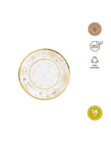 Plato Redondo Carton 18CM Blanco y Oro 8UDS 7674 [LOTE DE 18 Unidades] MAXIPRODUCTS