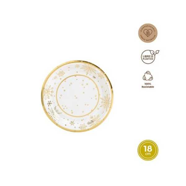 Plato Redondo Carton 18CM Blanco y Oro 8UDS 7674 [LOTE DE 18 Unidades] MAXIPRODUCTS
