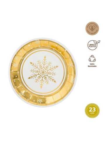 Plato Redondo Carton 23CM Blanco y Oro 6UDS 7673 [LOTE DE 18 Unidades] MAXIPRODUCTS