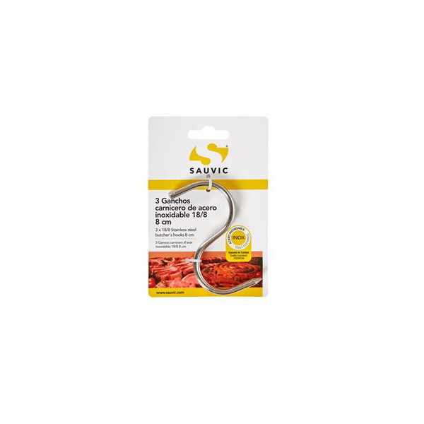 Blister 3 Ganchos Carnicero Acero Inoxidable 18/8 8CM [LOTE DE 14 Unidades] SAUVIC