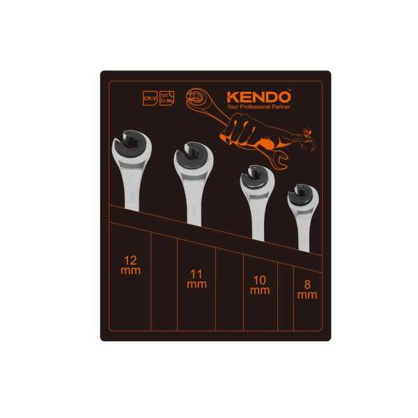 Juego Llave Fija + Llave Carraca para Tuercas Abocardadas Cr-V 4 Piezas 15380 KENDO