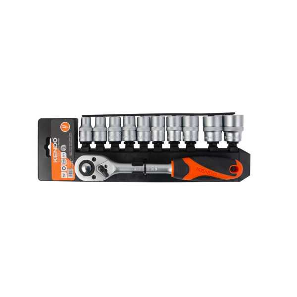 Juego Vasos 12 Caras Cr-V 1/2" + Llave Carraca 11 Piezas 16207 KENDO