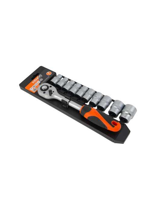 Juego Vasos 12 Caras Cr-V 1/2" + Llave Carraca 11 Piezas 16207 KENDO