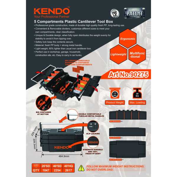 Caja Herramientas Voladiza PP 5 Bandejas con Compartimentos 90275 KENDO