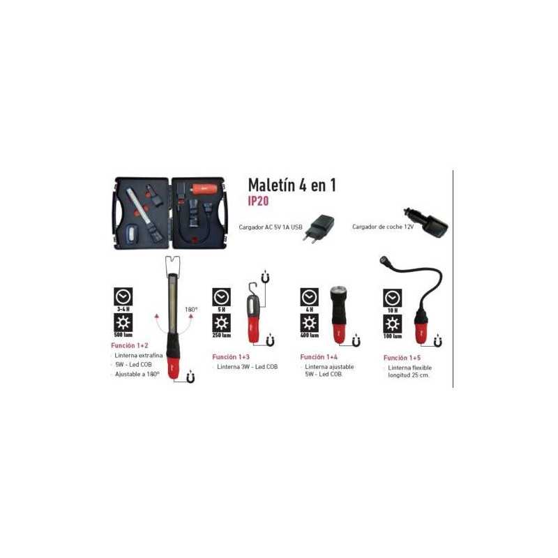Linternas led FAHERMA maletin 4 en 1 recargable USB/12v MPL41
