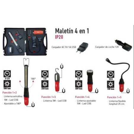 Linternas led FAHERMA maletin 4 en 1 recargable USB/12v MPL41