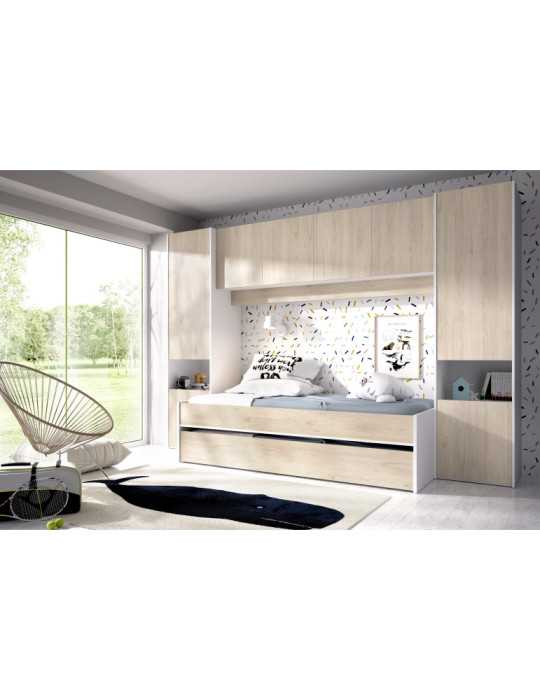 Conjunto dormitorio KWAI DEKIT 2 camas con armario y altillo blanco / natural